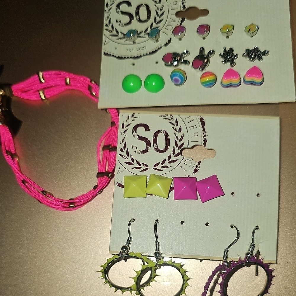 SO 12 Kids Earrings And Pink Neon. Bracelet- Not Complete Sets